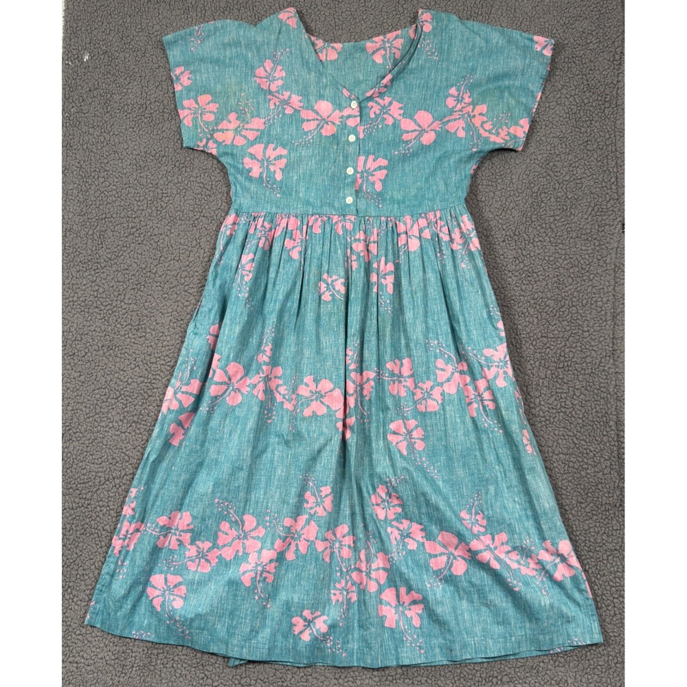 Reyn Spooner MuuMuu Dress Hawaiian Hibiscus Midi Teal Pink Cotton Womens Medium
